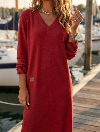Henrietta V-Neck Midi Sweater Dress in Red