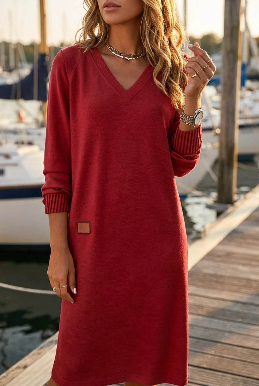 Henrietta V-Neck Midi Sweater Dress in Red