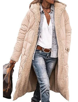 Hilary Reversible Teddy-Lined Long Puffer Coat in Beige