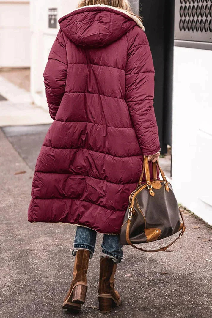 Hilary Reversible Teddy-Lined Long Puffer Coat in Wine Red