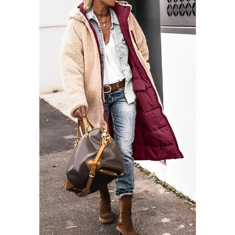Hilary Reversible Teddy-Lined Long Puffer Coat in Wine Red