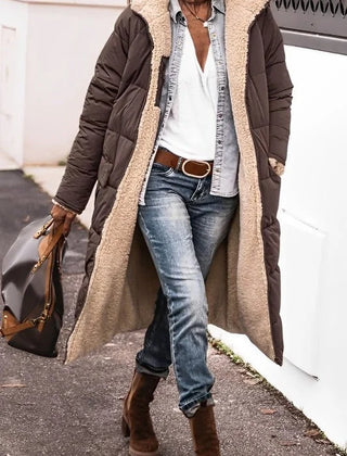 Hilary Reversible Teddy-Lined Long Puffer Coat in Brown