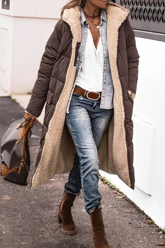 Hilary Reversible Teddy-Lined Long Puffer Coat in Brown