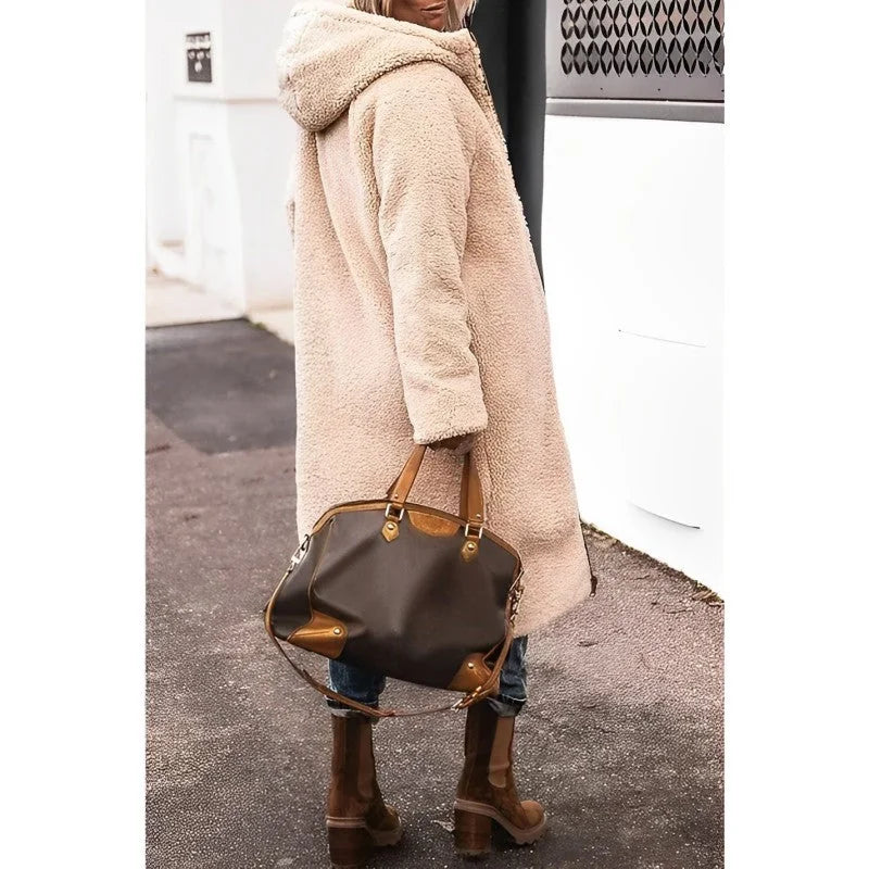 Hilary Reversible Teddy-Lined Long Puffer Coat in Beige