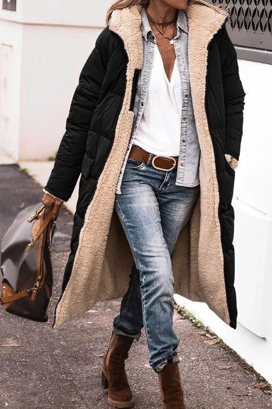 Hilary Reversible Teddy-Lined Long Puffer Coat in Black