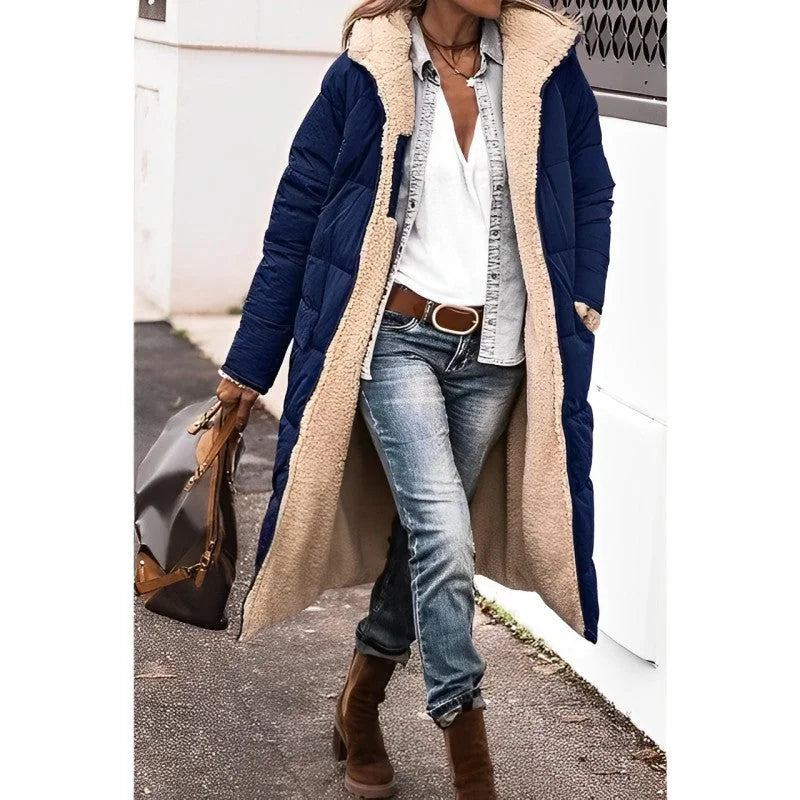 Hilary Reversible Teddy-Lined Long Puffer Coat in Navy