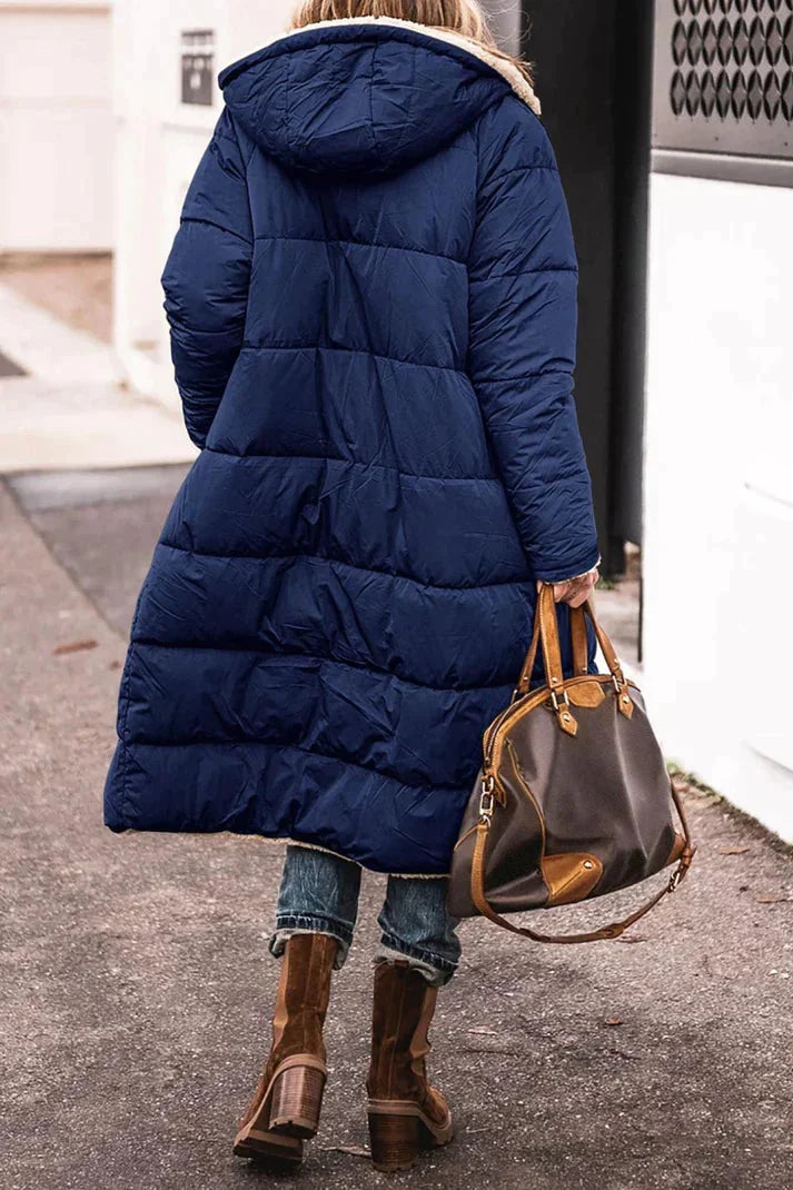 Hilary Reversible Teddy-Lined Long Puffer Coat in Navy