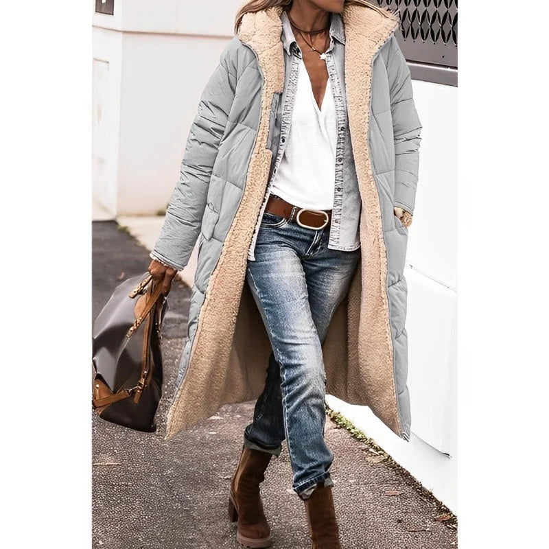 Hilary Reversible Teddy-Lined Long Puffer Coat in Light Grey
