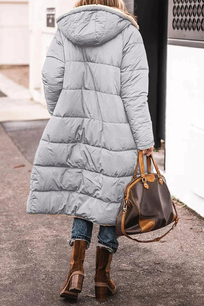 Hilary Reversible Teddy-Lined Long Puffer Coat in Light Grey