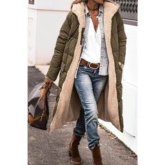 Hilary Reversible Teddy-Lined Long Puffer Coat in Olive Green