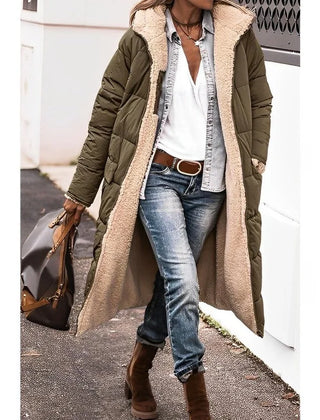 Hilary Reversible Teddy-Lined Long Puffer Coat in Olive Green