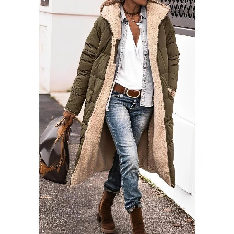 Hilary Reversible Teddy-Lined Long Puffer Coat in Olive Green