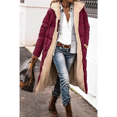 Hilary Reversible Teddy-Lined Long Puffer Coat in Wine Red