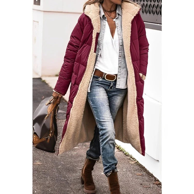 Hilary Reversible Teddy-Lined Long Puffer Coat in Wine Red