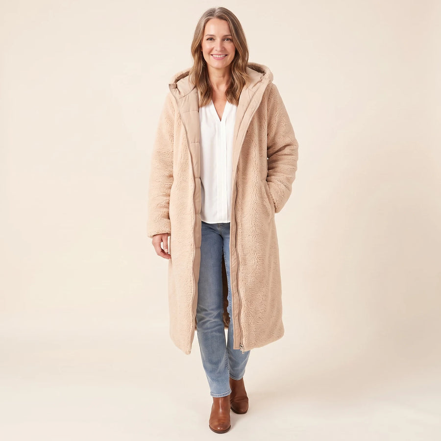 Hilary Reversible Teddy-Lined Long Puffer Coat in Beige, worn reversed with the teddy side out