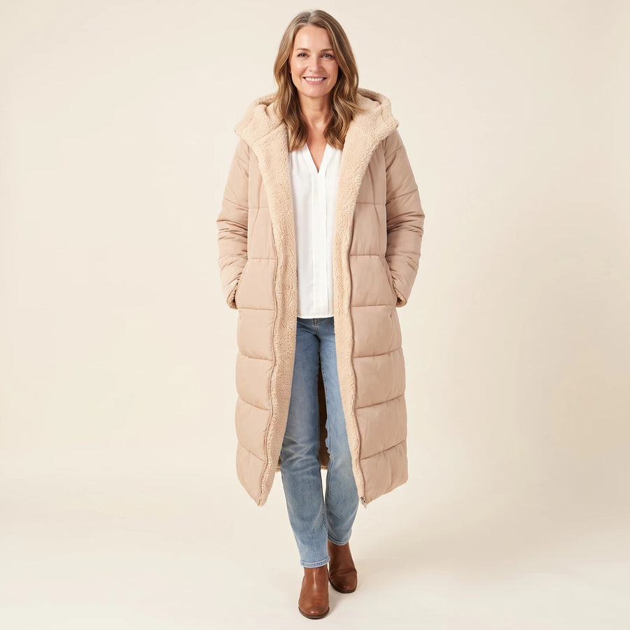 Hilary Reversible Teddy-Lined Long Puffer Coat in Beige, worn open