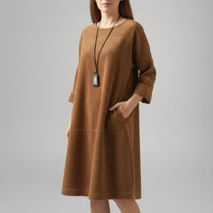 Hilda Ribbed Texture Relaxed Midi Dress in Brown
