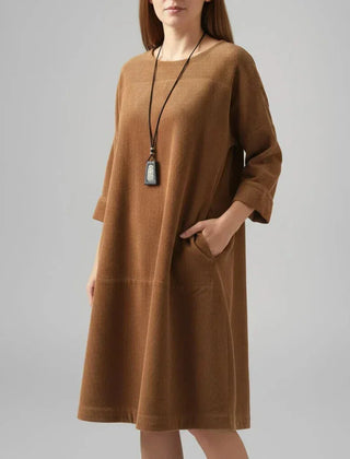 Hilda Ribbed Texture Relaxed Midi Dress in Brown