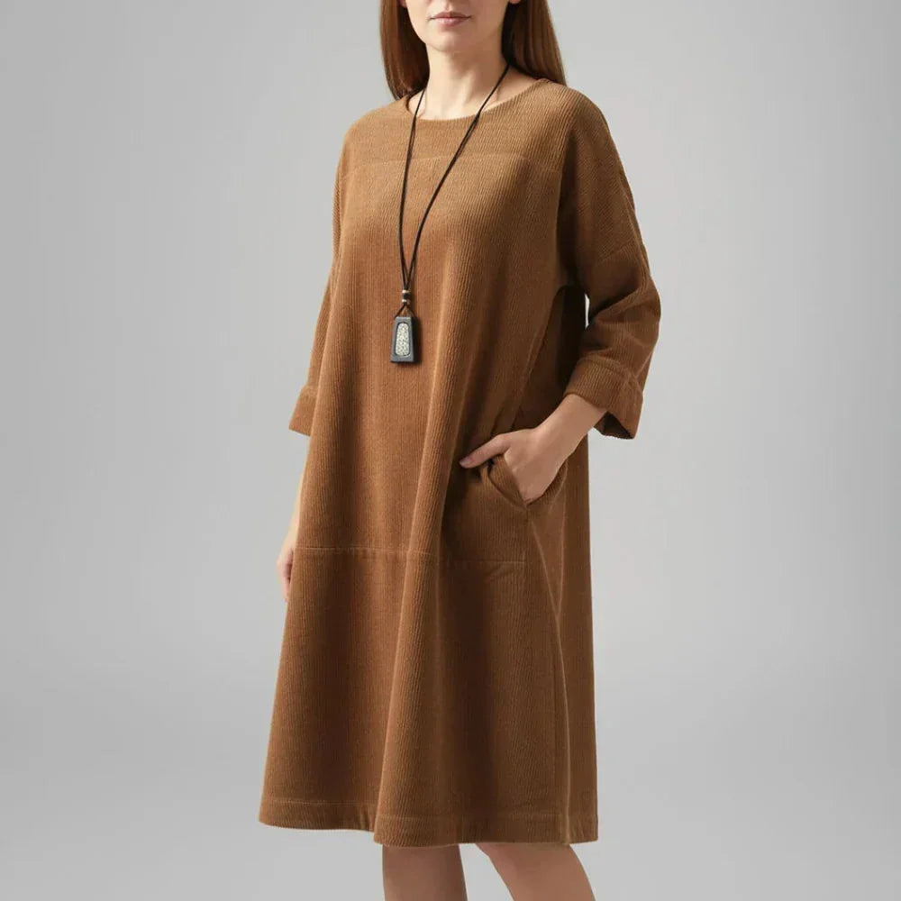 Hilda Ribbed Texture Relaxed Midi Dress in Brown