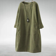 Hilda Ribbed Texture Relaxed Midi Dress in Olive Green