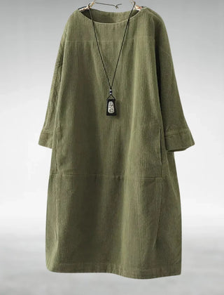 Hilda Ribbed Texture Relaxed Midi Dress in Olive Green