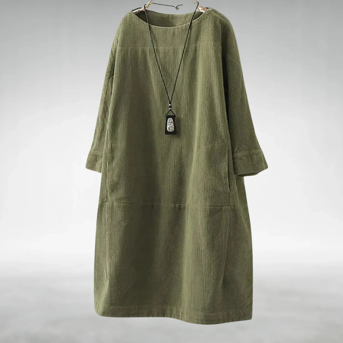 Hilda Ribbed Texture Relaxed Midi Dress in Olive Green