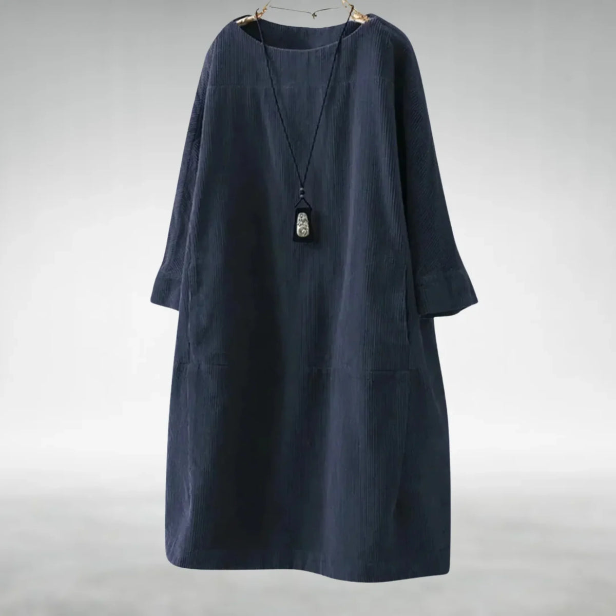 Hilda Ribbed Texture Relaxed Midi Dress in Navy