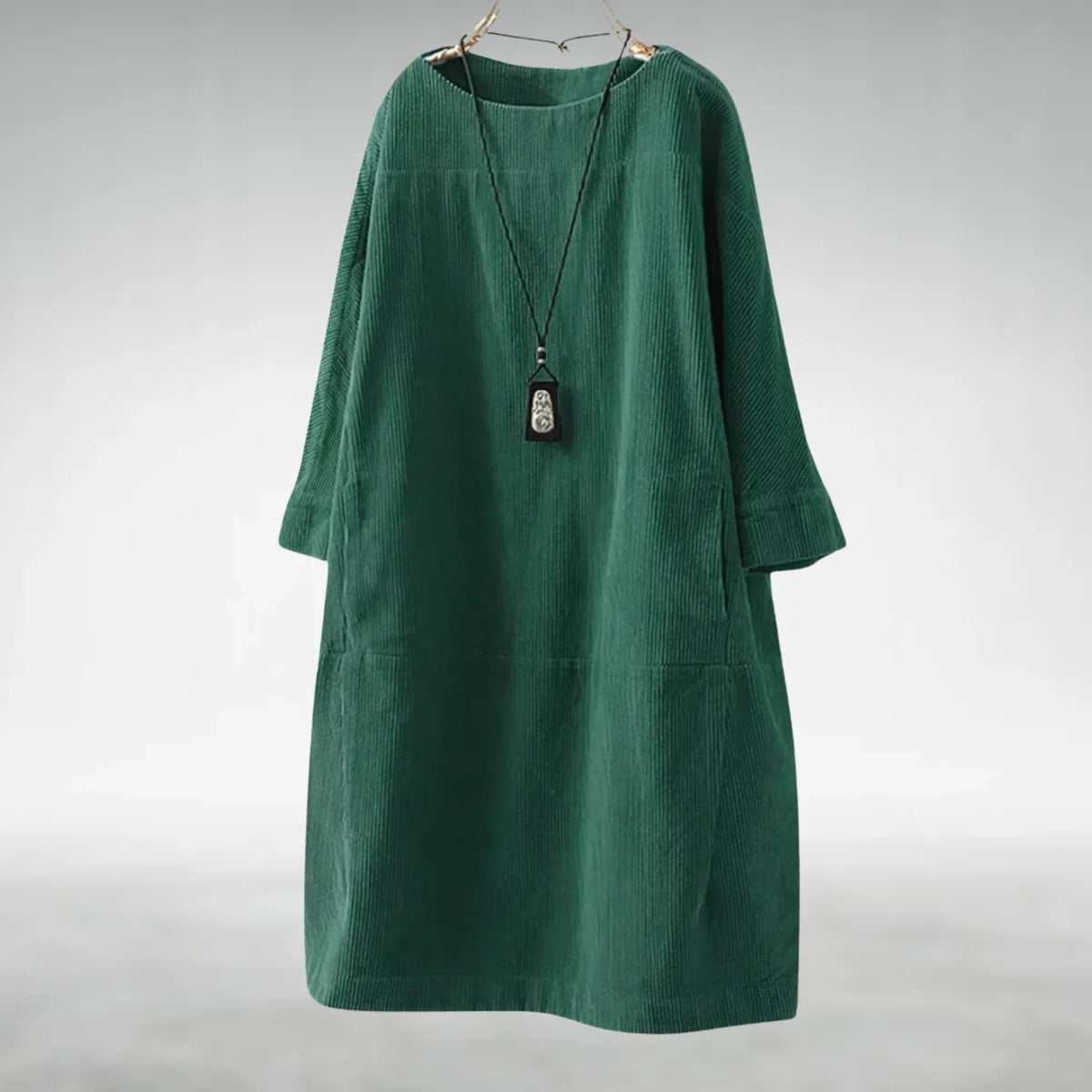Hilda Ribbed Texture Relaxed Midi Dress in Green