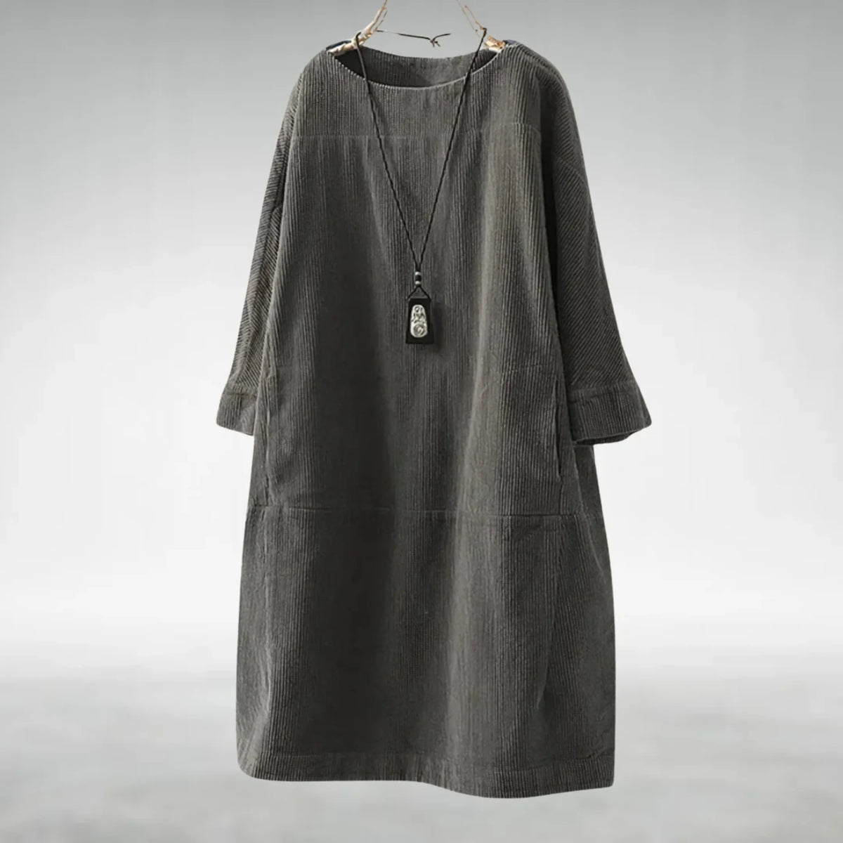 Hilda Ribbed Texture Relaxed Midi Dress in Grey