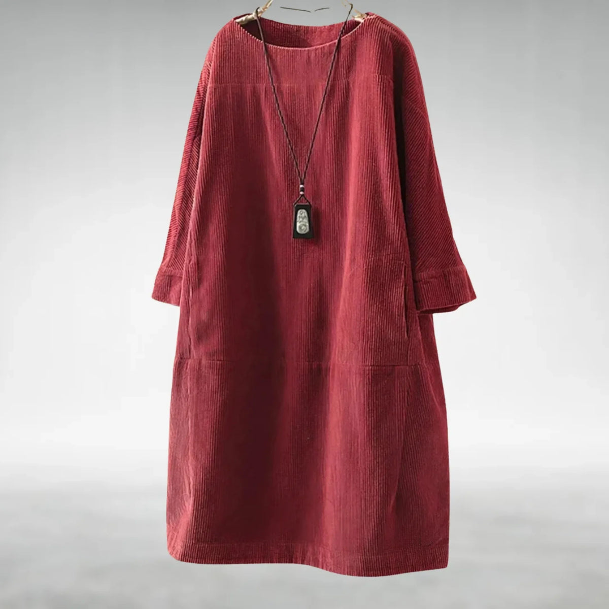 Hilda Ribbed Texture Relaxed Midi Dress in Red