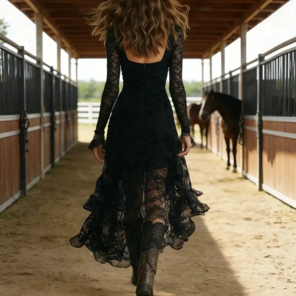 Holly Lace High-Low Midi Dress in Black