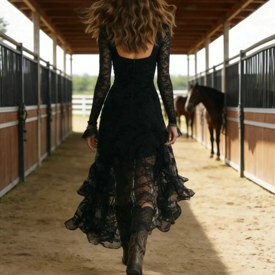Holly Lace High-Low Midi Dress in Black
