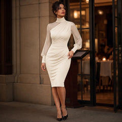 Imogen Mock Neck Sheer Sleeve Midi Dress in Ivory