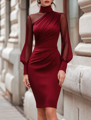 Imogen Mock Neck Sheer Sleeve Midi Dress in Wine Red