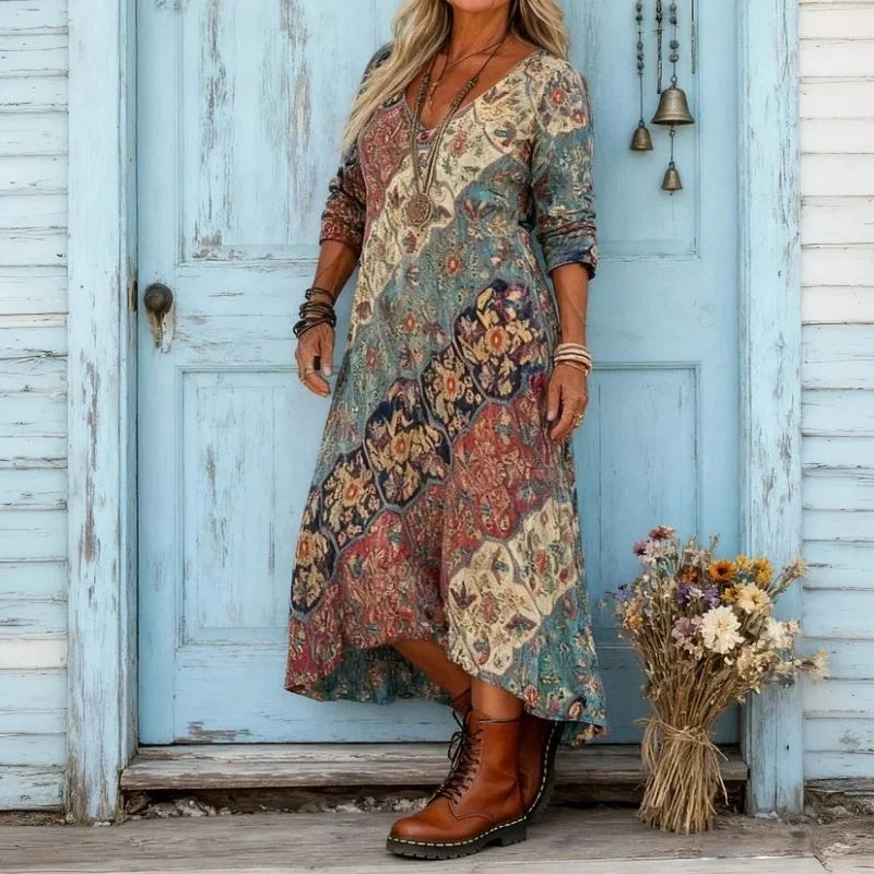 Ingrid Patchwork Print Midi Dress in Multicolour