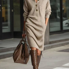 Irene Button Collar Sweater Dress in Beige