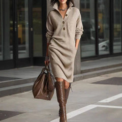 Irene Button Collar Sweater Dress in Beige