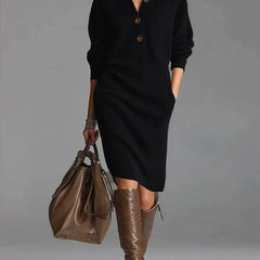 Irene Button Collar Sweater Dress in Black