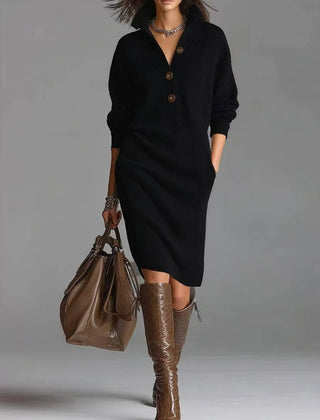 Irene Button Collar Sweater Dress in Black