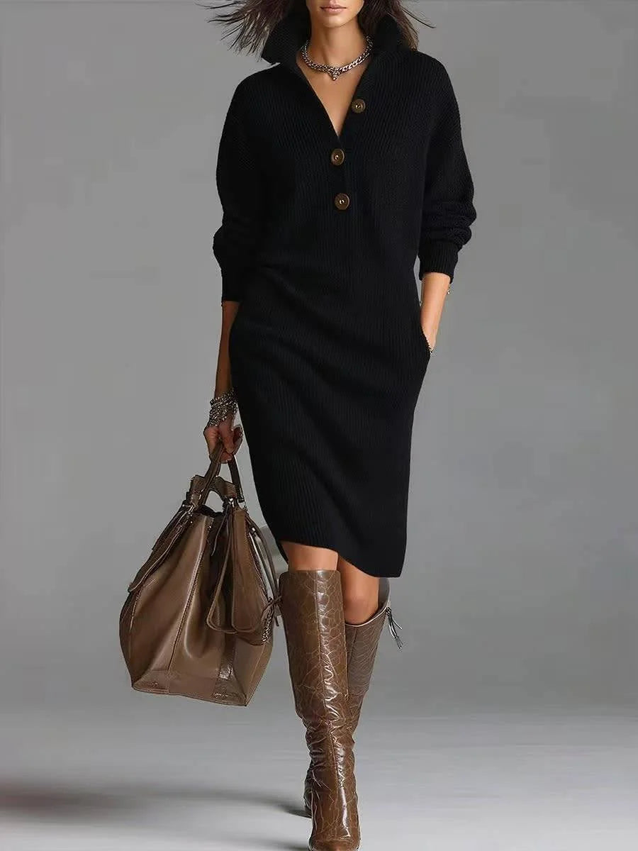 Irene Button Collar Sweater Dress in Black