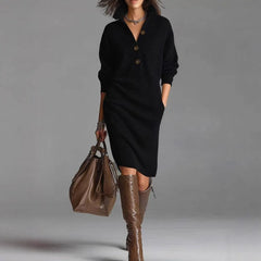 Irene Button Collar Sweater Dress in Black