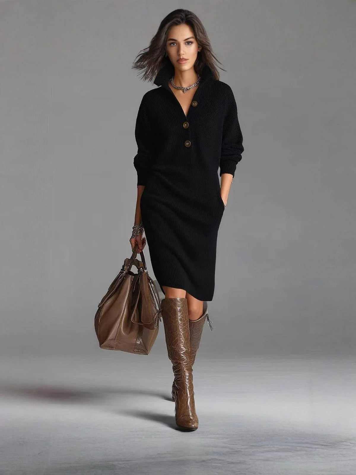 Irene Button Collar Sweater Dress in Black