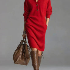 Irene Button Collar Sweater Dress in Red