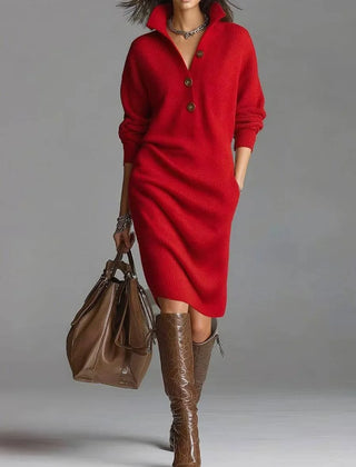 Irene Button Collar Sweater Dress in Red