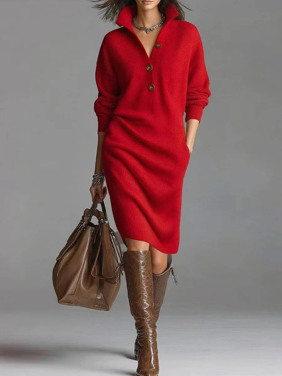 Irene Button Collar Sweater Dress in Red