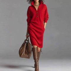 Irene Button Collar Sweater Dress in Red
