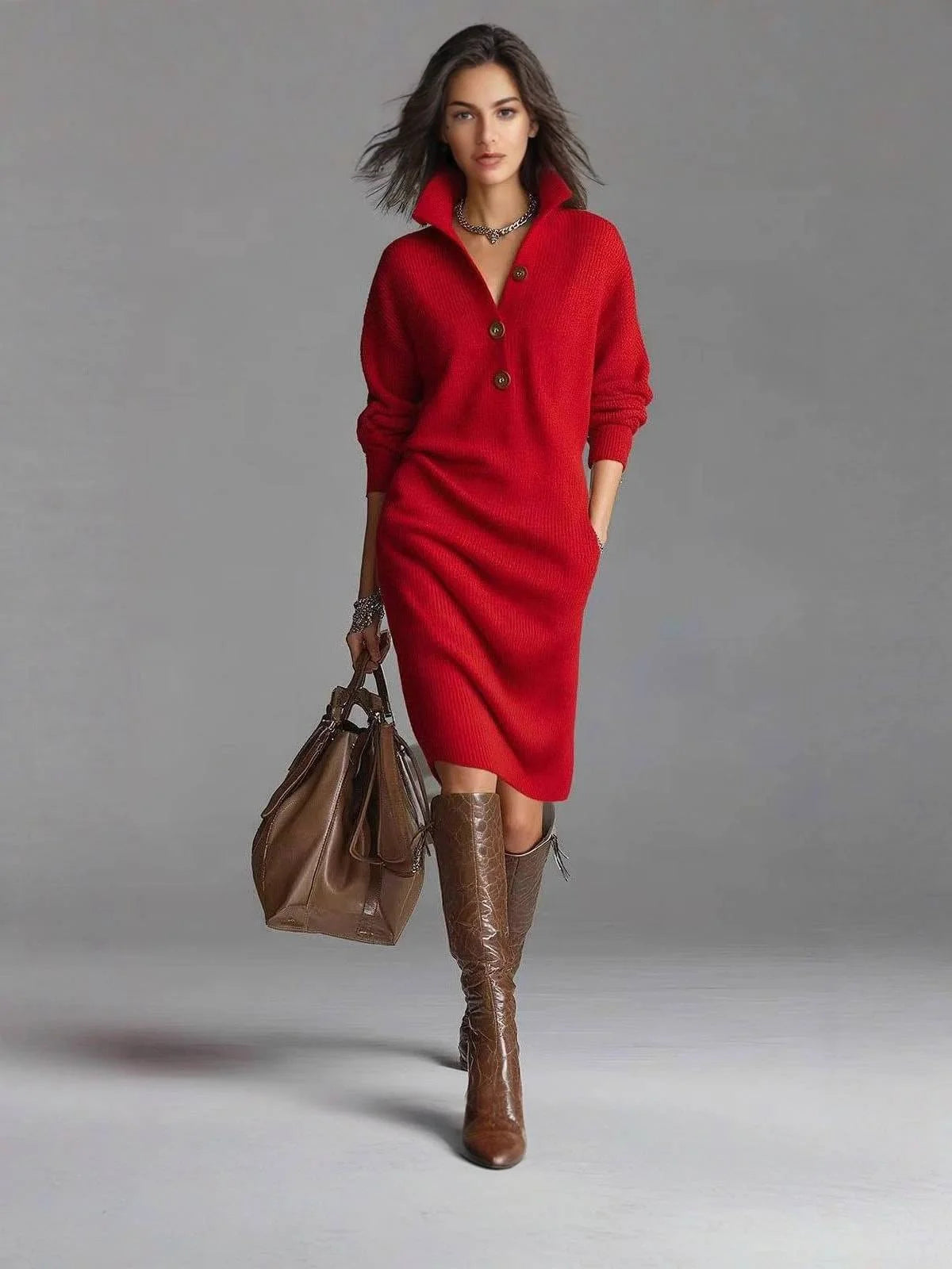 Irene Button Collar Sweater Dress in Red