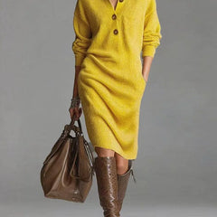 Irene Button Collar Sweater Dress in Yellow