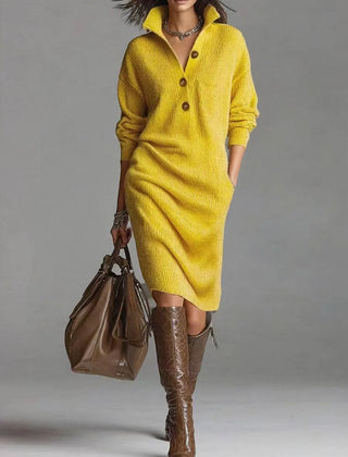Irene Button Collar Sweater Dress in Yellow
