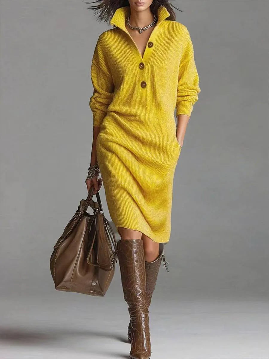 Irene Button Collar Sweater Dress in Yellow